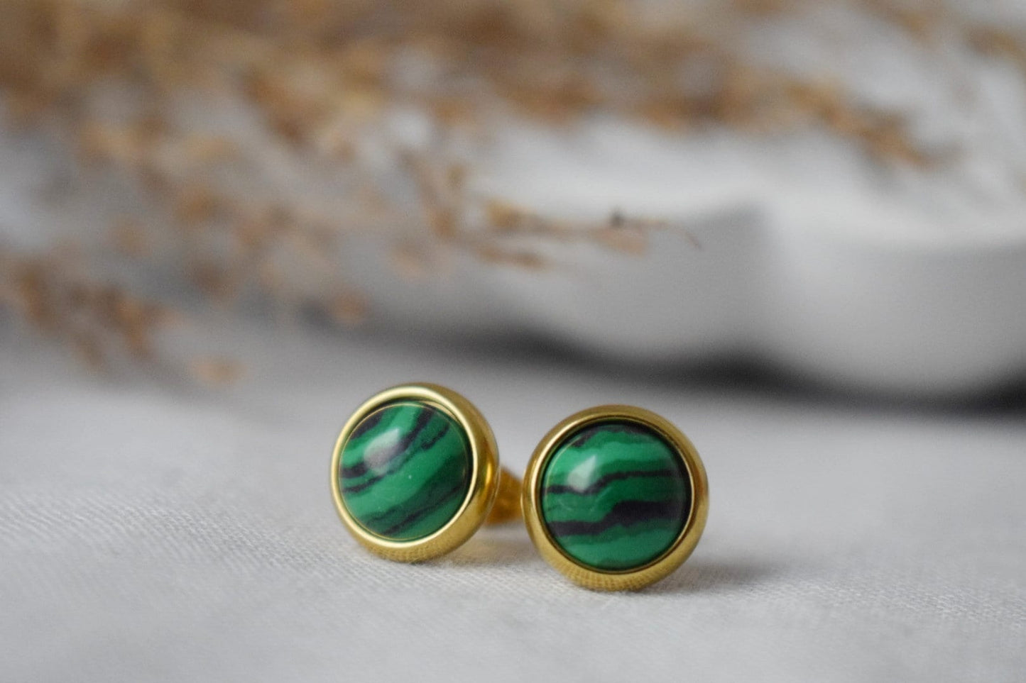 Malachite stud earrings, Small Gemstone Studs, Boho green earrings, 8mm Round earrings, Minimalist jewelry, Birthstone gold plated jewelry