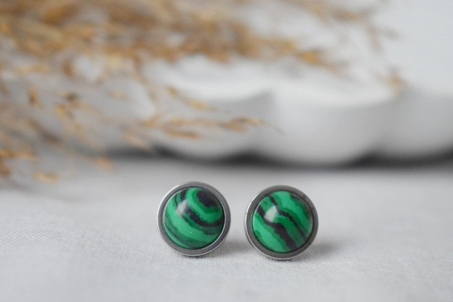 Malachite stud earrings, Small Gemstone Studs, Boho green earrings, 8mm Round earrings, Minimalist jewelry, Birthstone gold plated jewelry