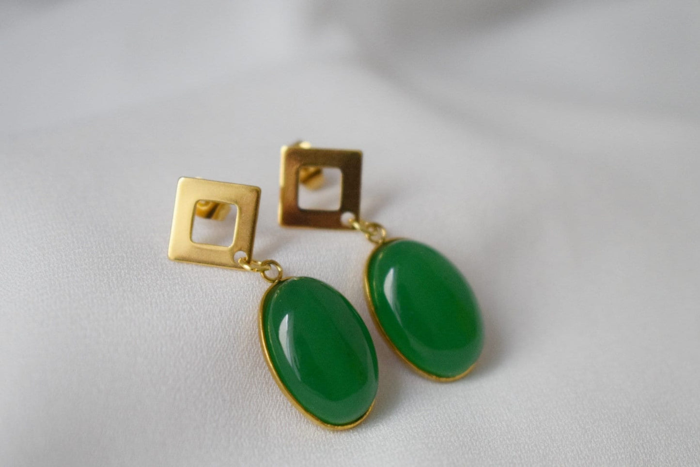Green jade stud earrings dangle, Oval gemstone earrings, Green gold earrings, Boho statement earrings, Handmade jewelry, Gift for her
