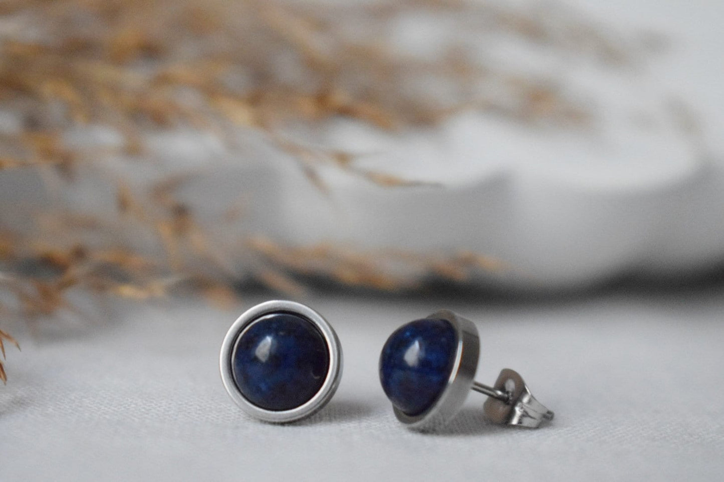Lapis lazuli stud earrings, Gemstone earrings silver, Dark blue stone, Stainless steel, September Birthstone, Lapis jewelry, Gift for her