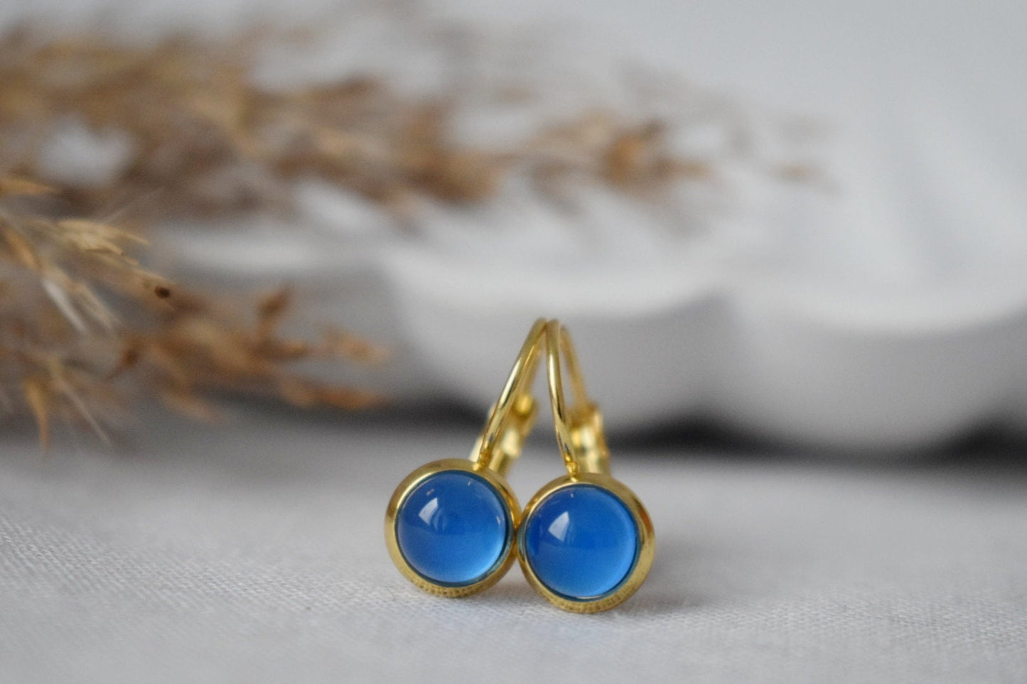 Mini blue agate earrings, 6mm Gemstone dangle earrings, Small gold earrings, Stainless steel, Agate gold jewelry, Handmade jewelry, Gift her