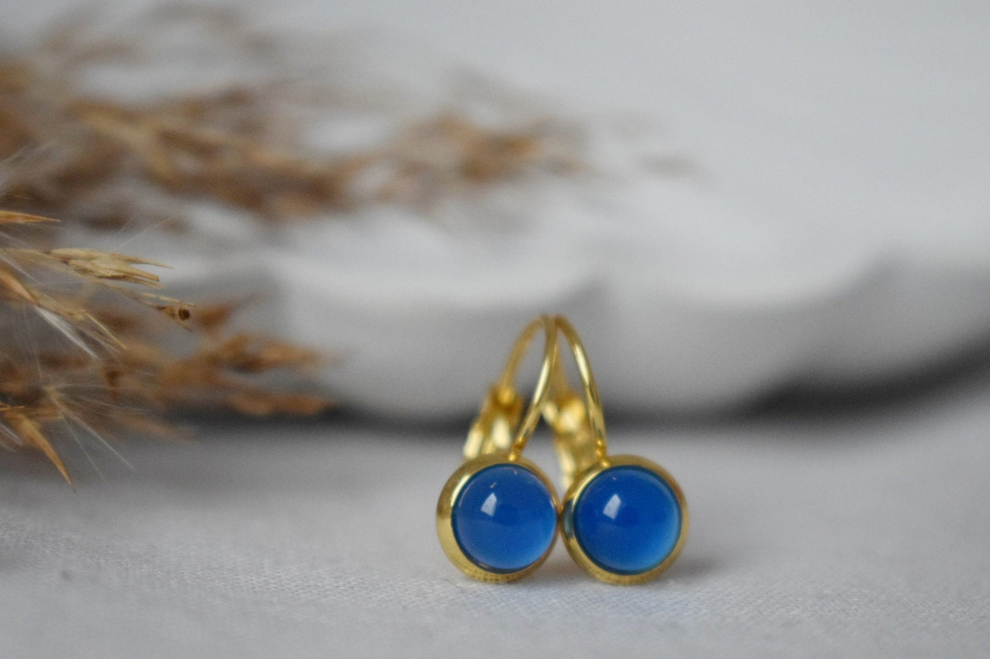 Mini blue agate earrings, 6mm Gemstone dangle earrings, Small gold earrings, Stainless steel, Agate gold jewelry, Handmade jewelry, Gift her