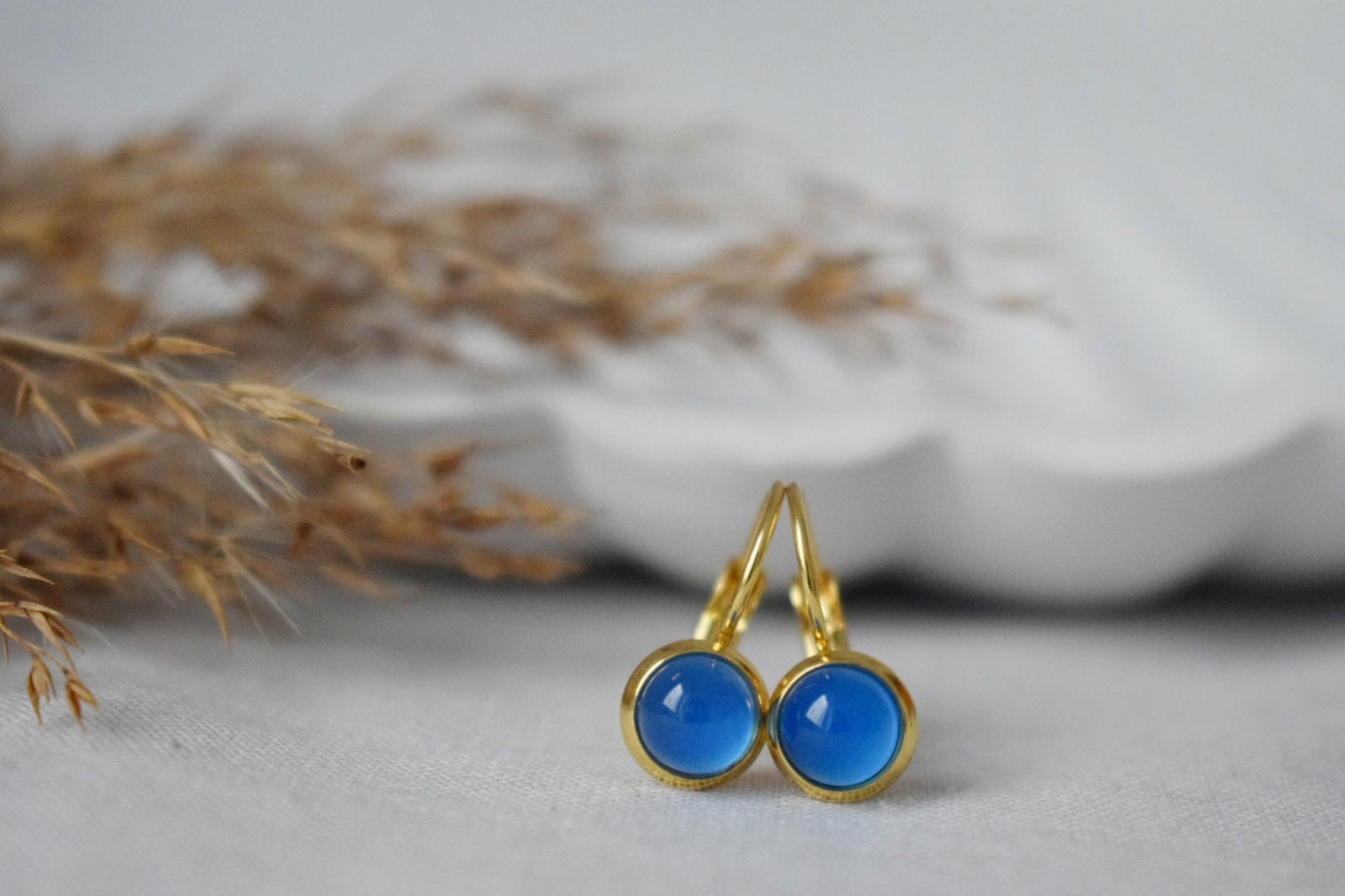 Mini blue agate earrings, 6mm Gemstone dangle earrings, Small gold earrings, Stainless steel, Agate gold jewelry, Handmade jewelry, Gift her