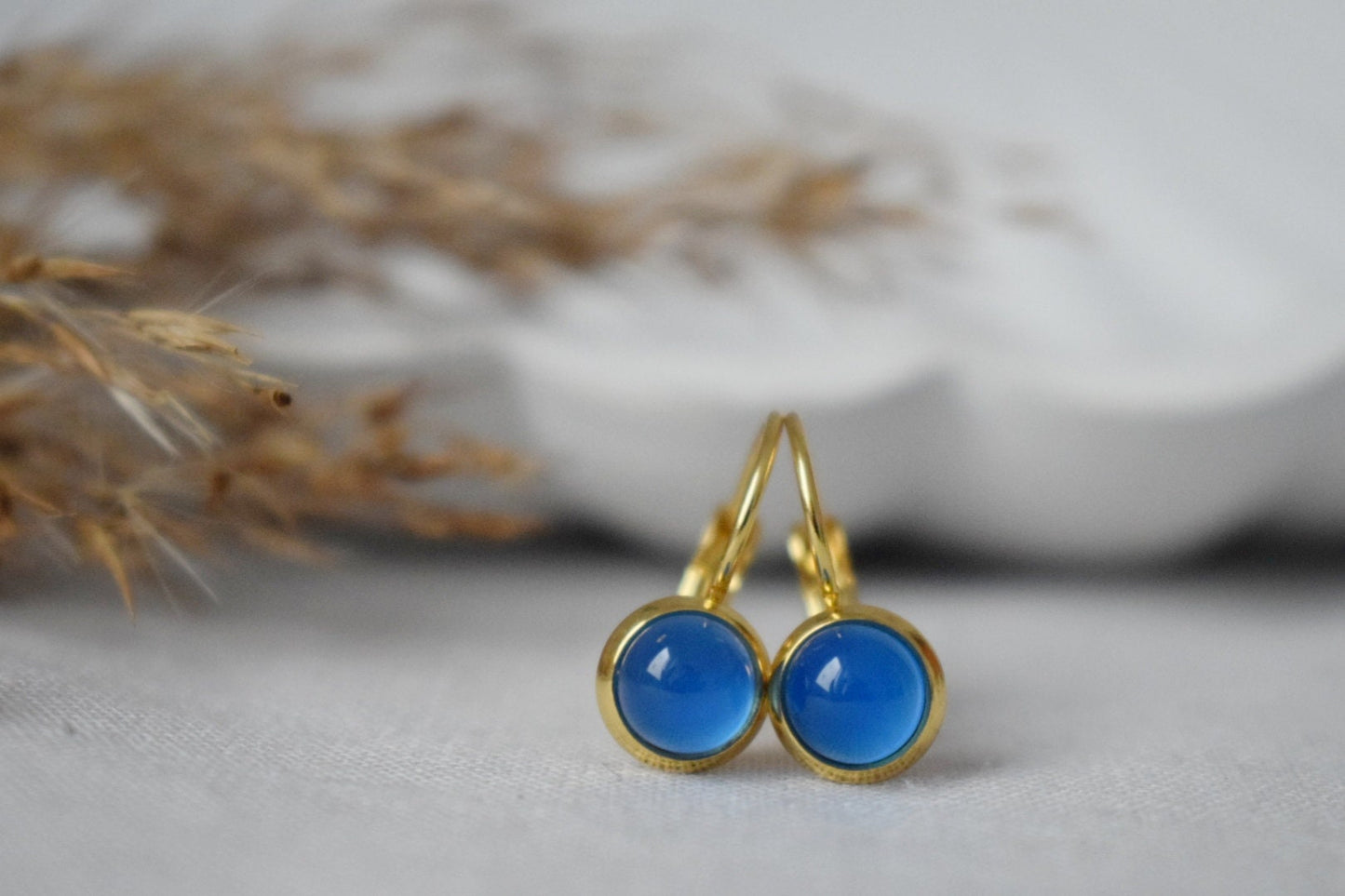 Mini blue agate earrings, 6mm Gemstone dangle earrings, Small gold earrings, Stainless steel, Agate gold jewelry, Handmade jewelry, Gift her