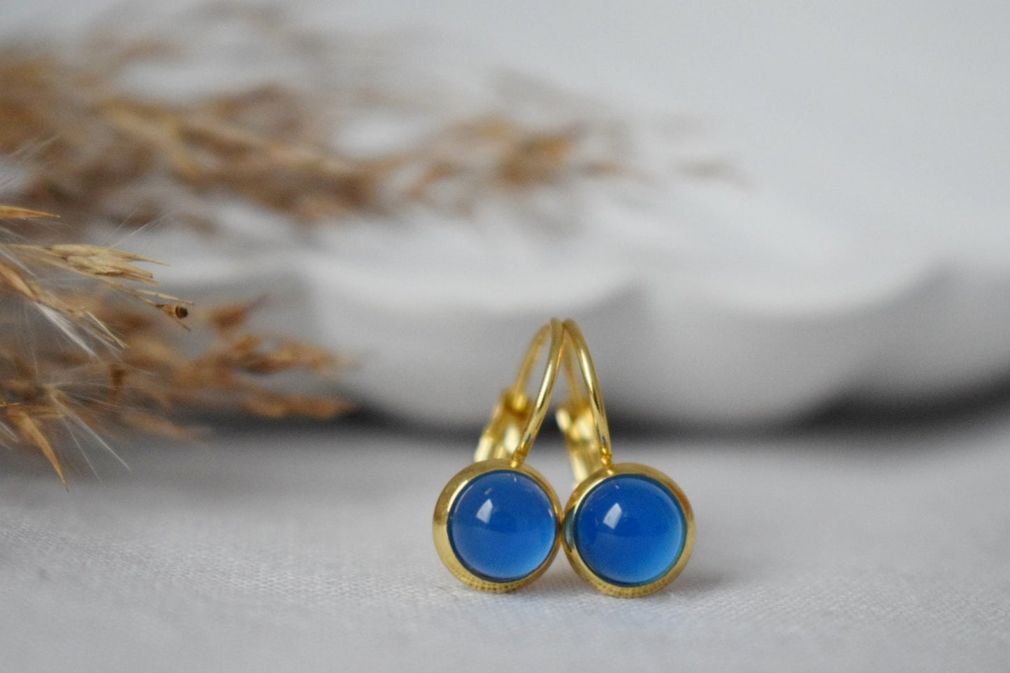 Mini blue agate earrings, 6mm Gemstone dangle earrings, Small gold earrings, Stainless steel, Agate gold jewelry, Handmade jewelry, Gift her