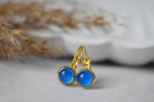 Mini blue agate earrings, 6mm Gemstone dangle earrings, Small gold earrings, Stainless steel, Agate gold jewelry, Handmade jewelry, Gift her