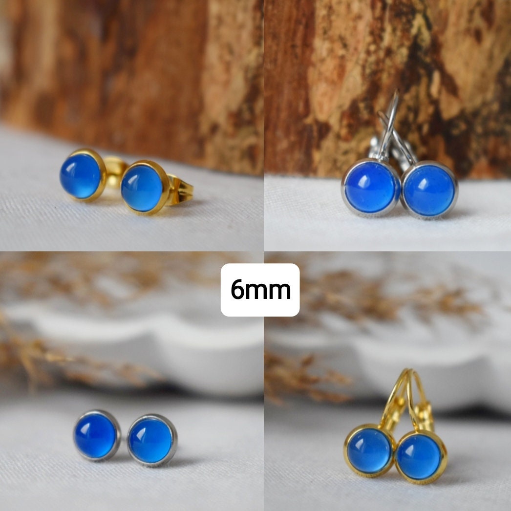 Mini blue agate earrings, 6mm Gemstone dangle earrings, Small gold earrings, Stainless steel, Agate gold jewelry, Handmade jewelry, Gift her