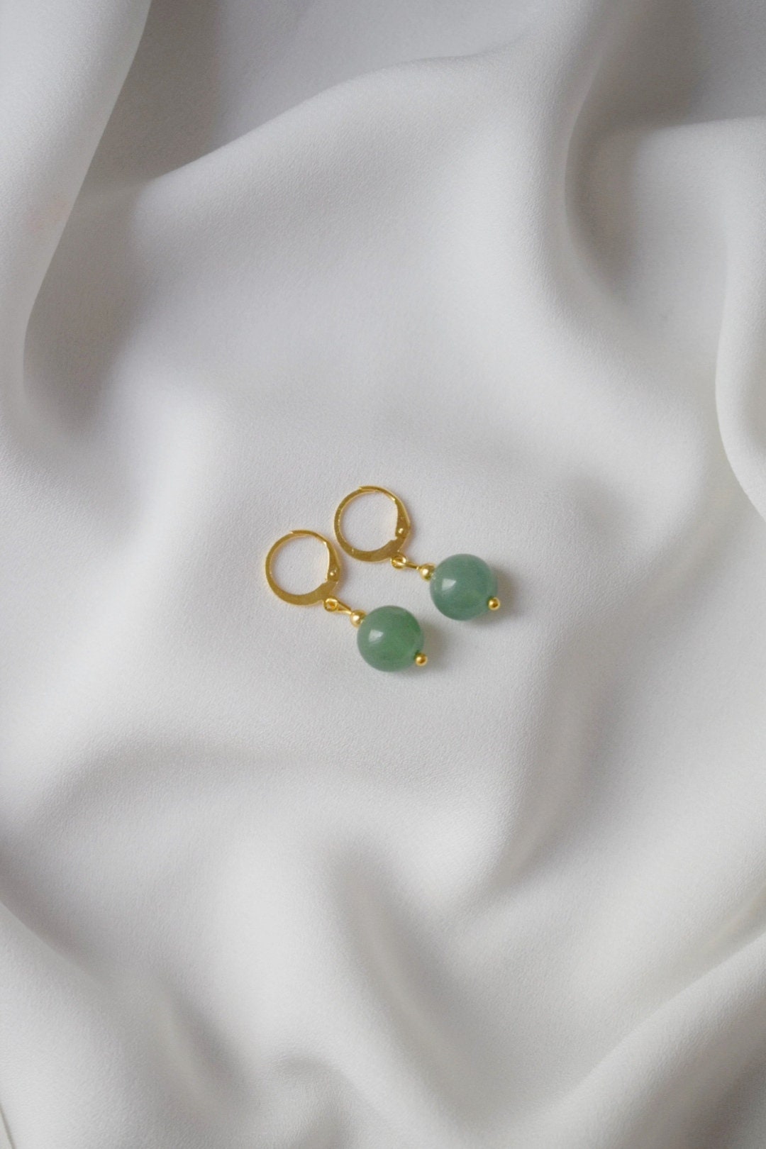 Aventurine Hoop Earrings, 24k Gold Plated Huggie, Small Gemstone Charm Earrings Dangle, Lightweight, Green Stone Pearl Jewelry, Gift For Her