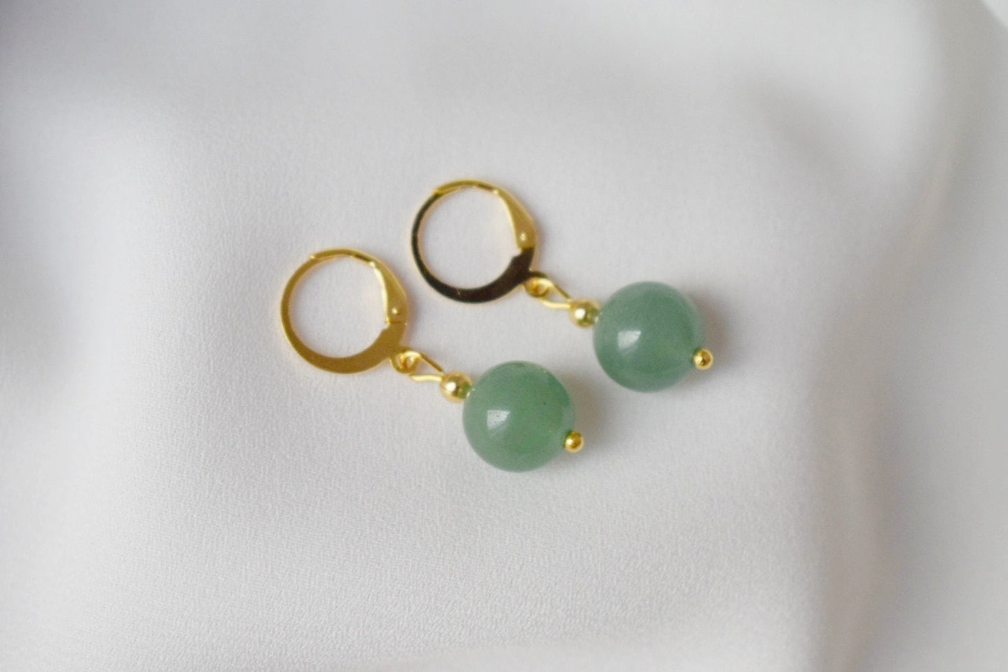 Aventurine Hoop Earrings, 24k Gold Plated Huggie, Small Gemstone Charm Earrings Dangle, Lightweight, Green Stone Pearl Jewelry, Gift For Her