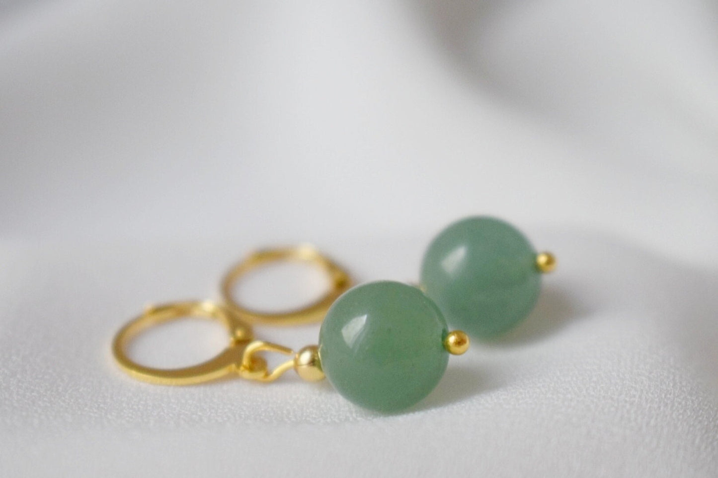 Aventurine Hoop Earrings, 24k Gold Plated Huggie, Small Gemstone Charm Earrings Dangle, Lightweight, Green Stone Pearl Jewelry, Gift For Her