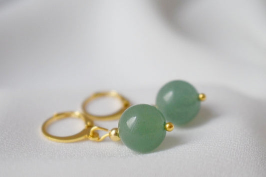 Aventurine Hoop Earrings, 24k Gold Plated Huggie, Small Gemstone Charm Earrings Dangle, Lightweight, Green Stone Pearl Jewelry, Gift For Her