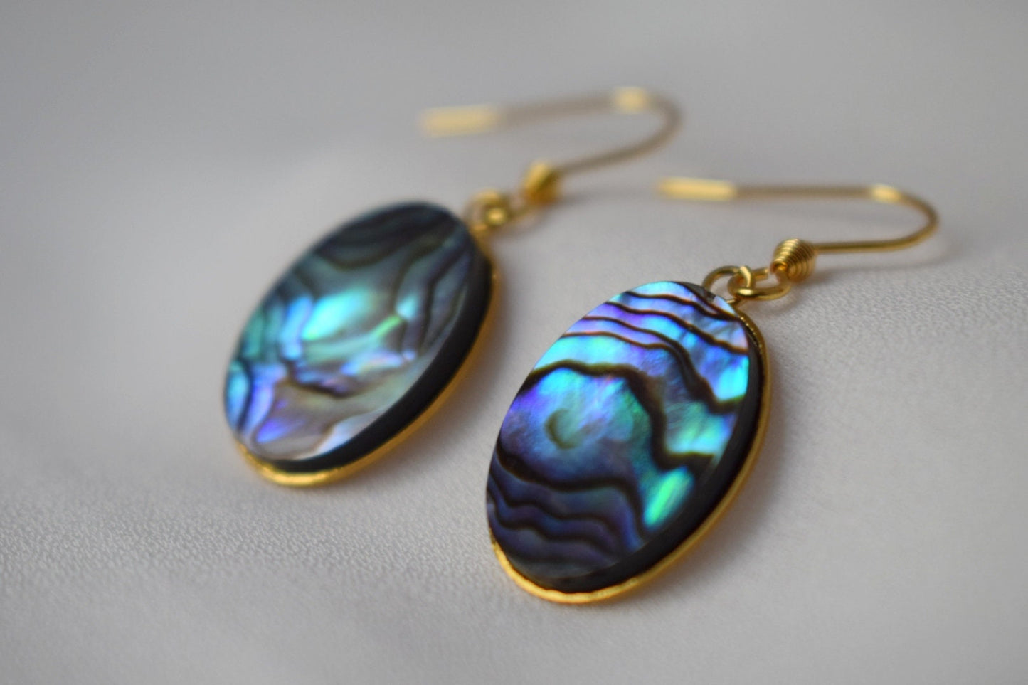 Abalone dangle earrings, Paua shell, Oval earrings, Colorful natural abalone earrings, Abalone shell, Abalone gold plated jewelry
