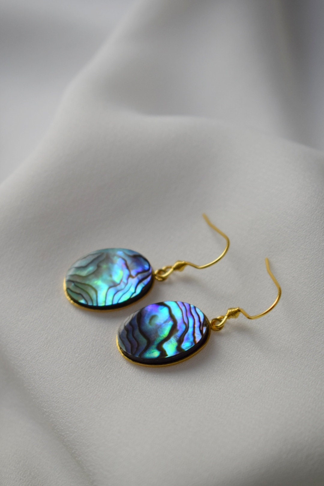 Abalone dangle earrings, Paua shell, Oval earrings, Colorful natural abalone earrings, Abalone shell, Abalone gold plated jewelry