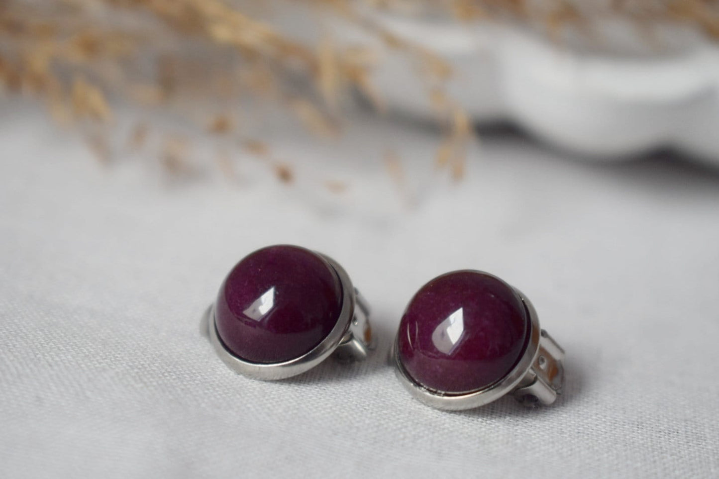 Red jade clip on earrings, Wine red gemstone earrings, Dark red, Women ear clips, No hole earrings, Non pierced earrings, Gift