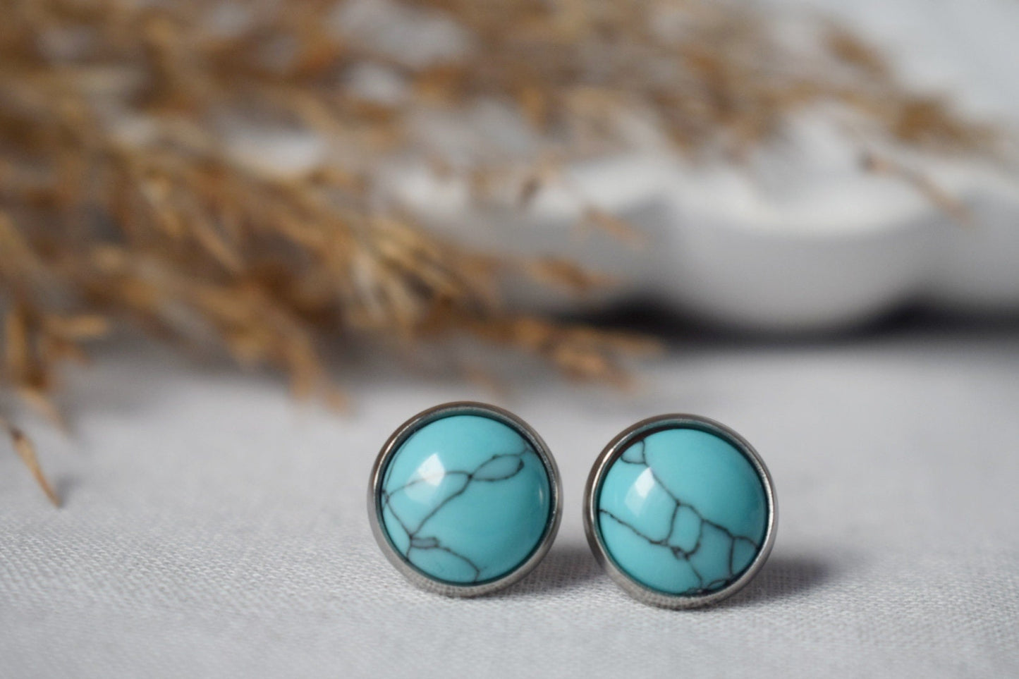 Turquoise stud earrings, 12mm Gemstone push back earrings, Blue post earrings, Lightweight earrings, Handmade jewelry, Gift for women