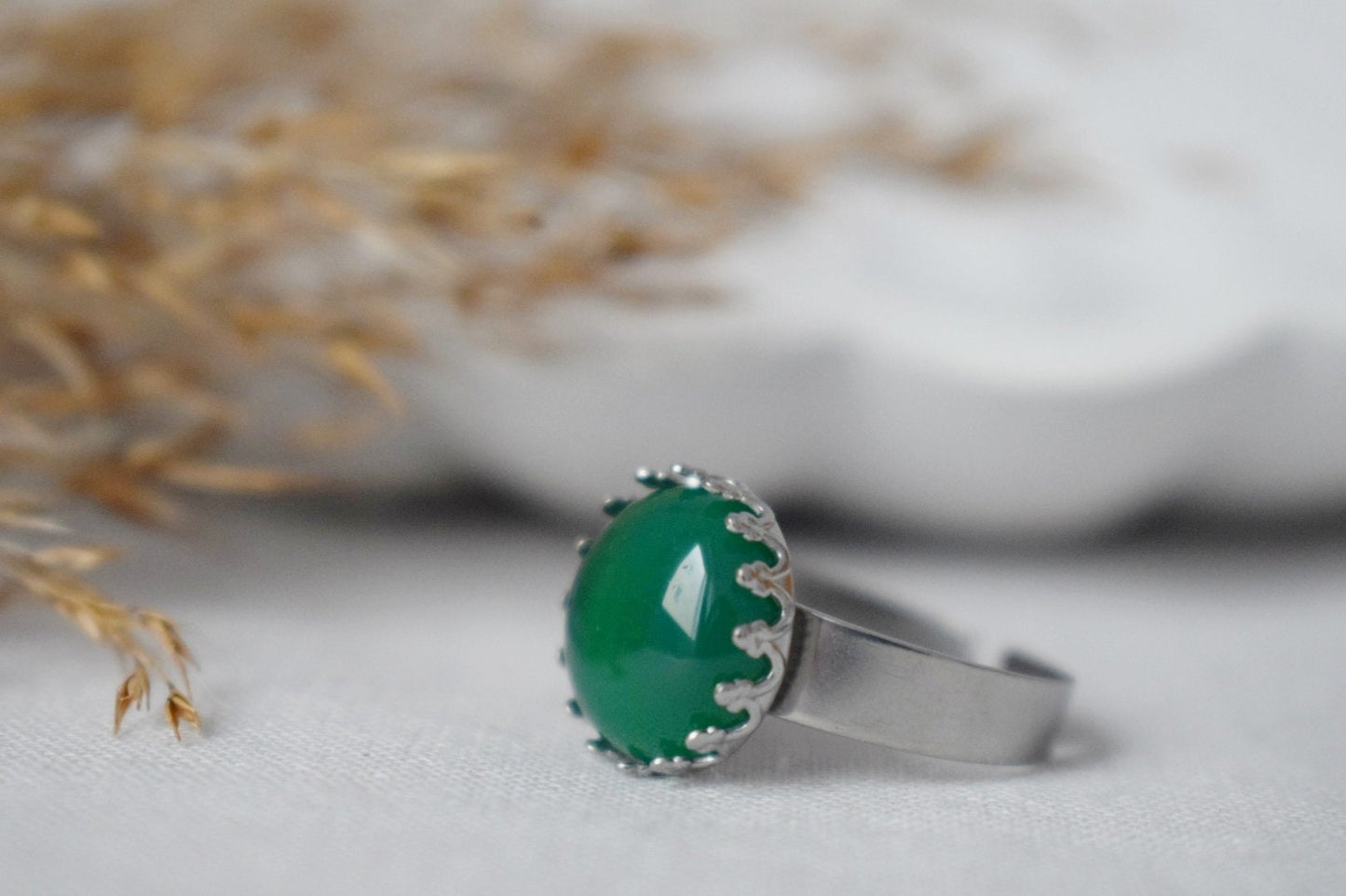 Green Agate Ring, Gemstone Adjustable Statement Ring, Stone Ring, Everyday Round Crystal Ring, Agate Jewelry, Birthday Gift For Her