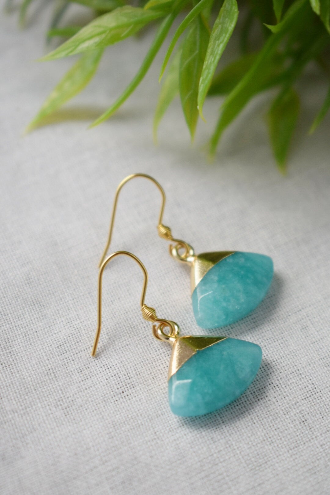 Aquamarine jade earrings, Fan gemstone pendant, Gold plated stainless steel earrings hooks, Unique jewelry gift, Best christmas gift