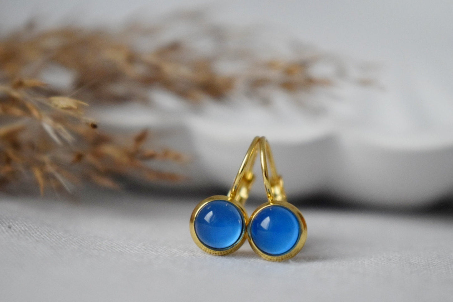 Mini blue agate earrings, 6mm Gemstone dangle earrings, Small gold earrings, Stainless steel, Agate gold jewelry, Handmade jewelry, Gift her