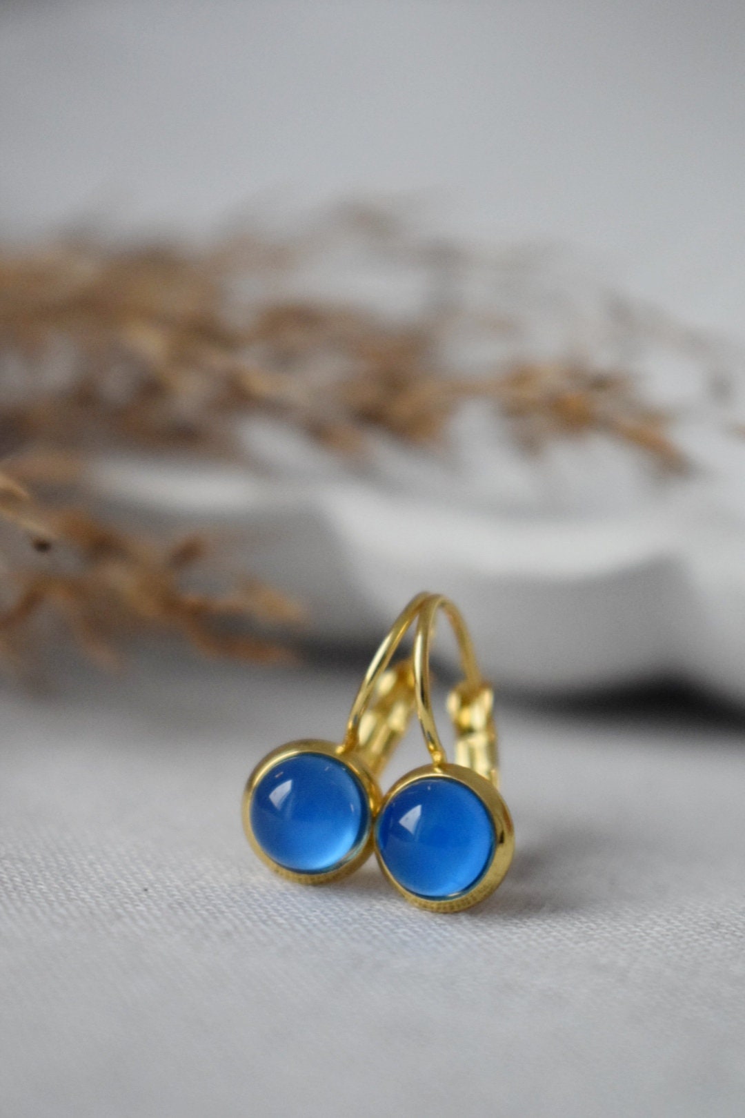Mini blue agate earrings, 6mm Gemstone dangle earrings, Small gold earrings, Stainless steel, Agate gold jewelry, Handmade jewelry, Gift her