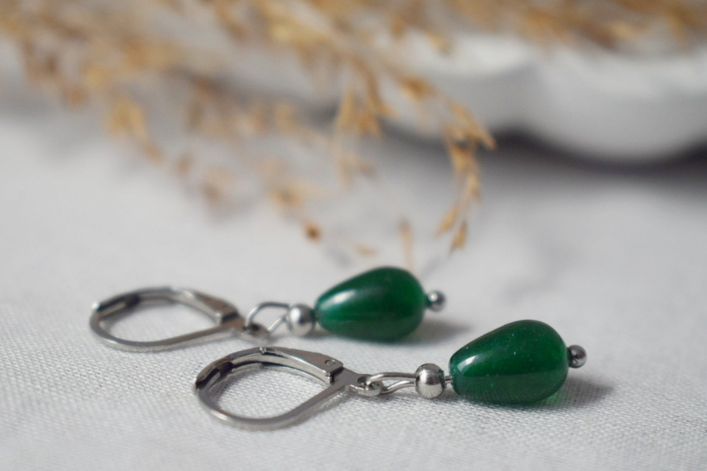 Green jade teardrop earrings silver, Small huggies with drop gemstone, Hoops green stone, Pearl hanging earrings, Lever back, Gift for her