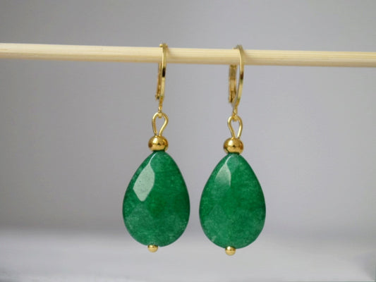 Green jade earrings gold, Teardrop dangling earrings, Green faceted gemstone drop huggies, Stone hoops, Green jade jewelry, Gift for her
