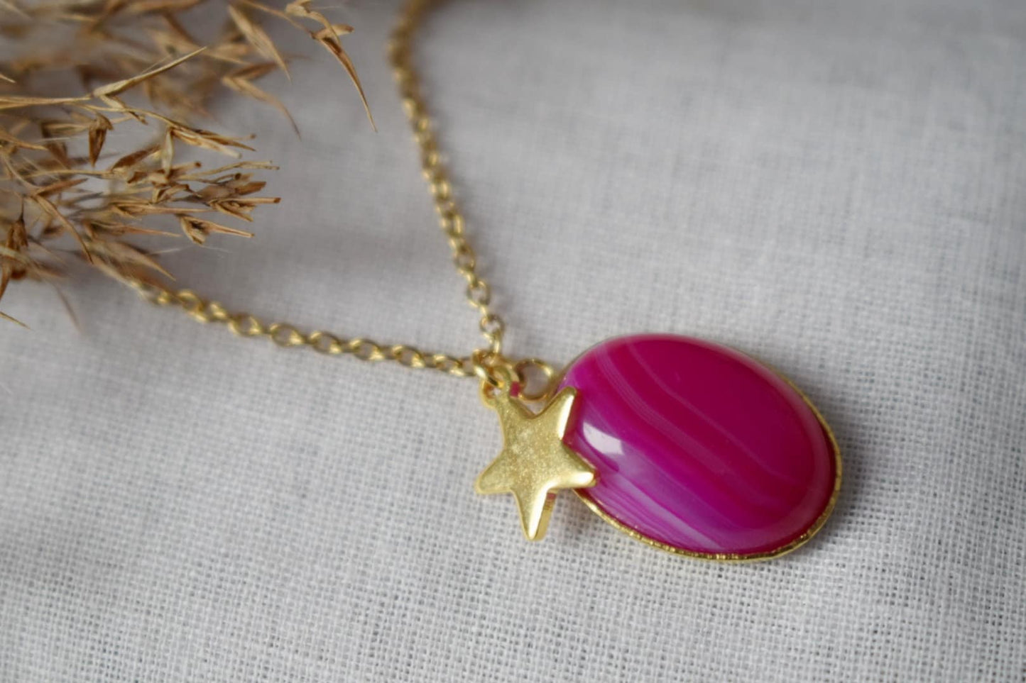 Necklace Banded pink agate, Gemstone necklace with star charm for women, Stone pendant, Boho jewelry, Unique Christmas gift for her