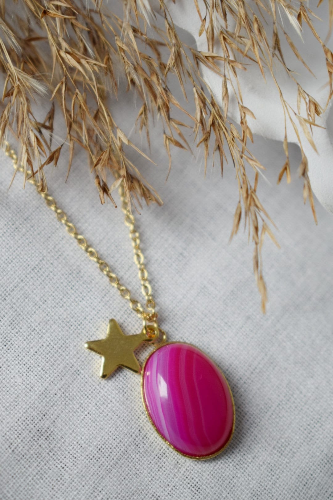 Necklace Banded pink agate, Gemstone necklace with star charm for women, Stone pendant, Boho jewelry, Unique Christmas gift for her
