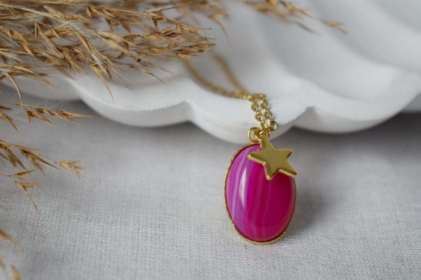 Necklace Banded pink agate, Gemstone necklace with star charm for women, Stone pendant, Boho jewelry, Unique Christmas gift for her