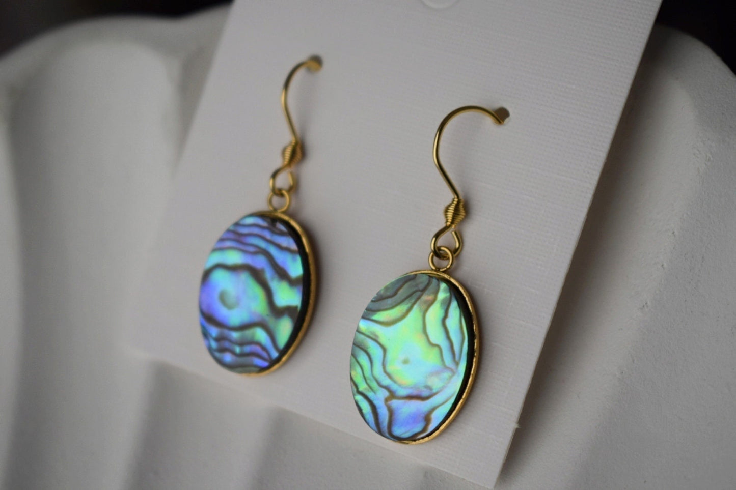 Abalone dangle earrings, Paua shell, Oval earrings, Colorful natural abalone earrings, Abalone shell, Abalone gold plated jewelry