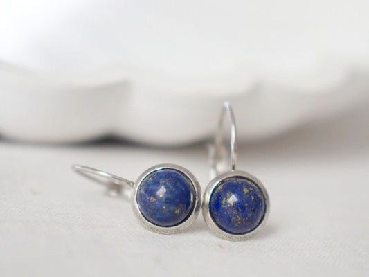 Small Lapis Lazuli Earrings Dangle, Blue Lapis Gemstone Earrings, 8mm Round Stone Lever Back Earrings, September Birthstone Jewelry Gift