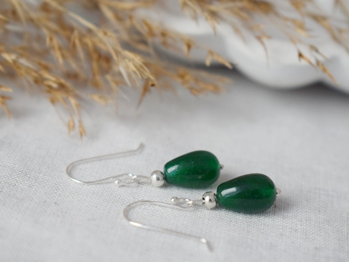 Green Jade Earrings in Sterling Silver, Small Green Drop Earrings, Minimalist Green Dangle Earrings for Everyday Wear, Jewelry Gift for her