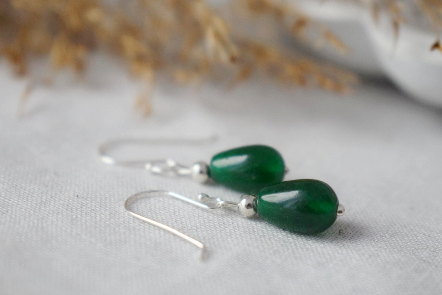 Green Jade Earrings in Sterling Silver, Small Green Drop Earrings, Minimalist Green Dangle Earrings for Everyday Wear, Jewelry Gift for her