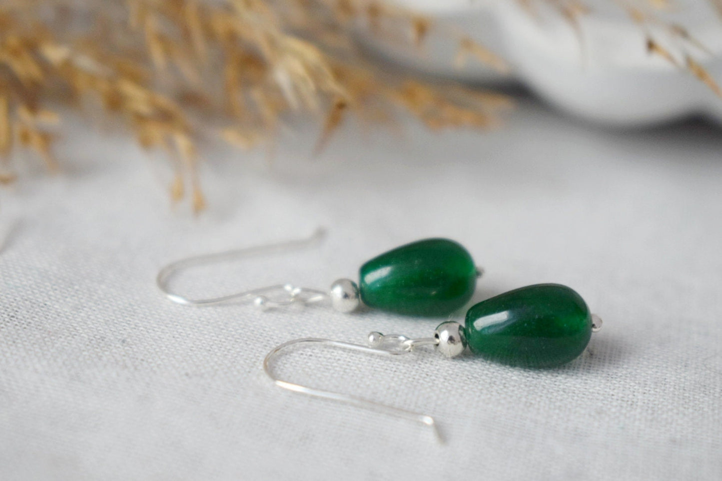 Green Jade Earrings in Sterling Silver, Small Green Drop Earrings, Minimalist Green Dangle Earrings for Everyday Wear, Jewelry Gift for her
