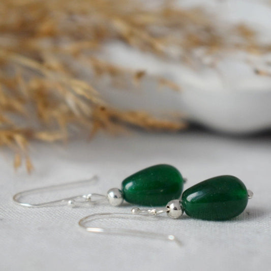 Green Jade Earrings in Sterling Silver, Small Green Drop Earrings, Minimalist Green Dangle Earrings for Everyday Wear, Jewelry Gift for her