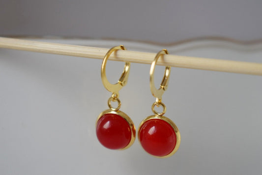 Red jade earrings, Small gemstone pendant huggie earrings, Lever back, 10mm, Red stone hoop earrings, Red, Jade jewelry, Gift for women