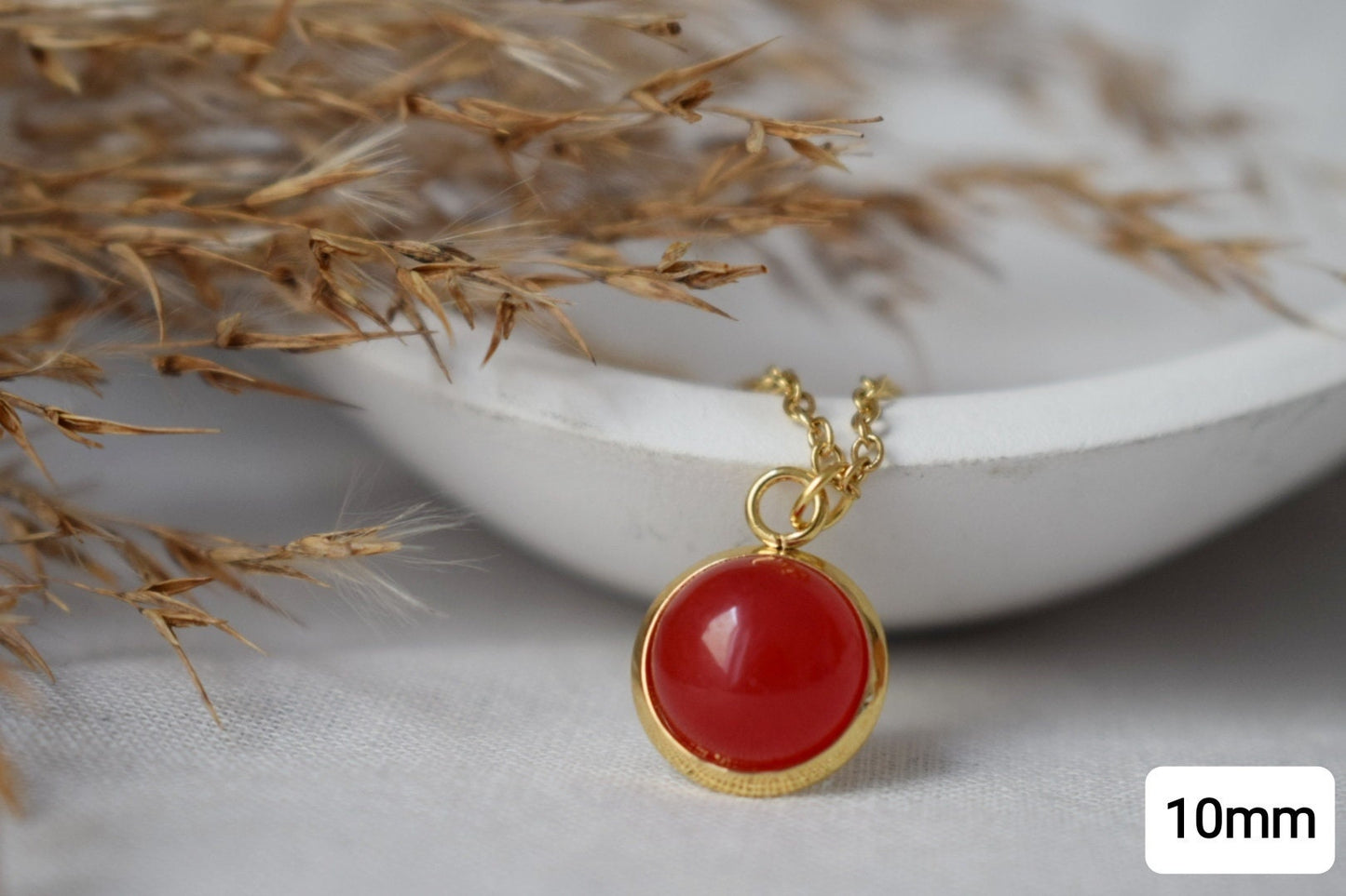 Red jade necklace 18k gold plated stainless steel, 10mm gemstone round pendant, Handmade jewelry, Best valentine's day gift