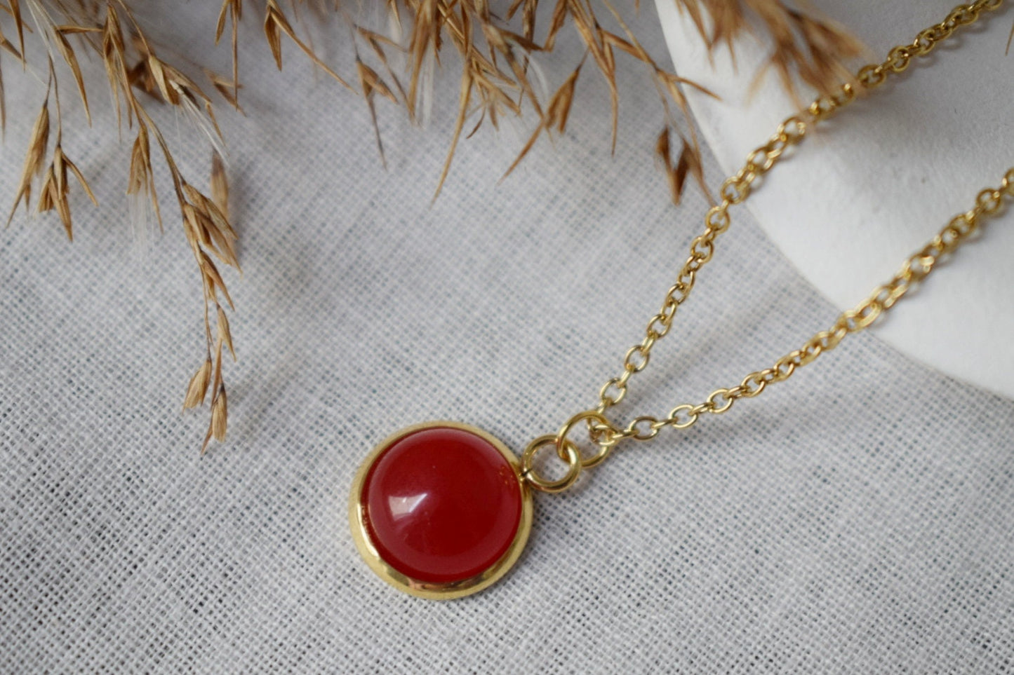 Red jade necklace 18k gold plated stainless steel, 10mm gemstone round pendant, Handmade jewelry, Best valentine's day gift