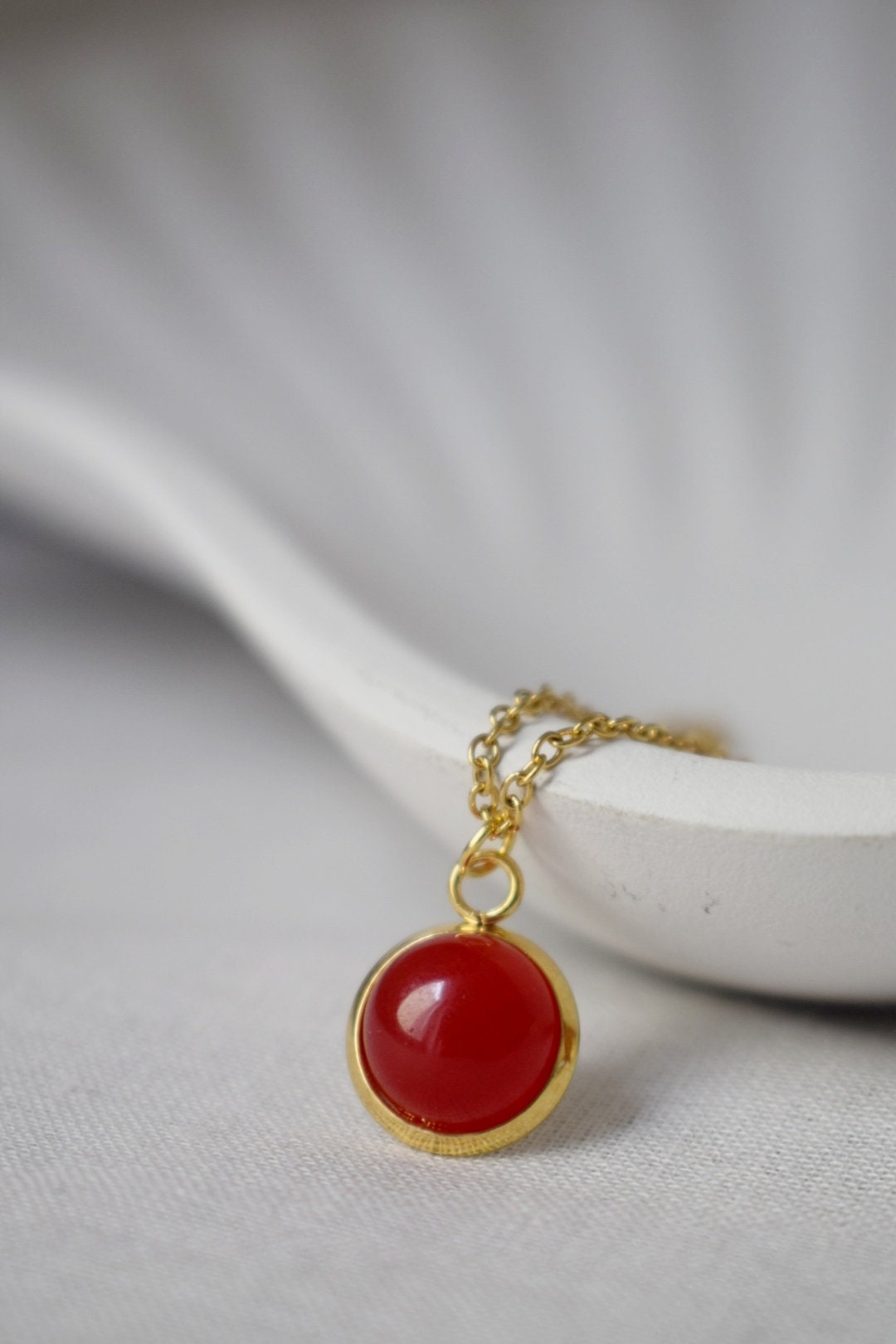 Red jade necklace 18k gold plated stainless steel, 10mm gemstone round pendant, Handmade jewelry, Best valentine's day gift