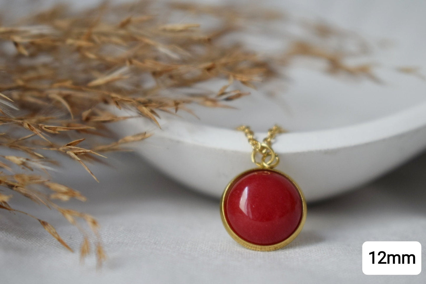 Red jade necklace 18k gold plated stainless steel, 10mm gemstone round pendant, Handmade jewelry, Best valentine's day gift