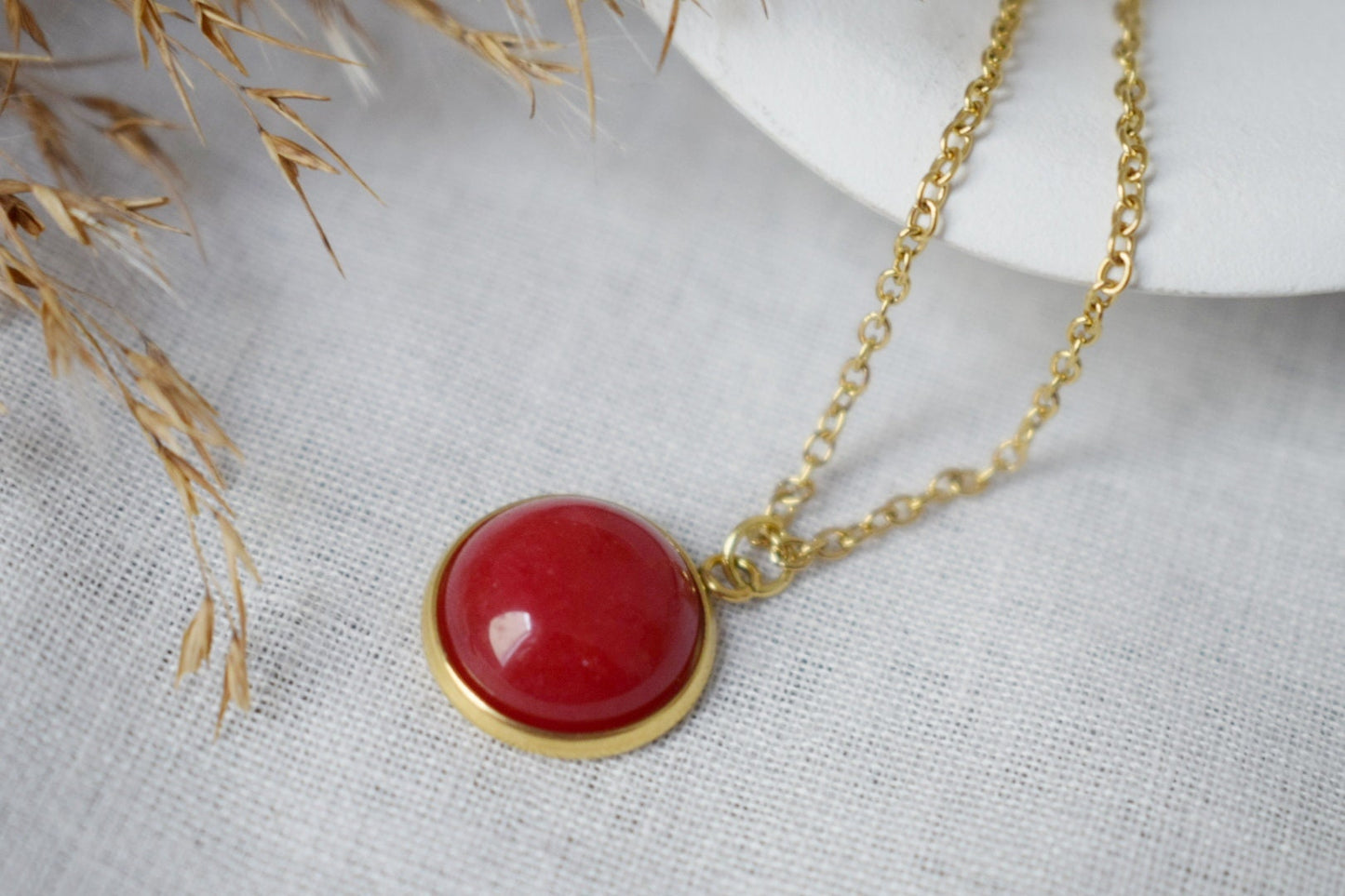Red jade necklace 18k gold plated stainless steel, 10mm gemstone round pendant, Handmade jewelry, Best valentine's day gift