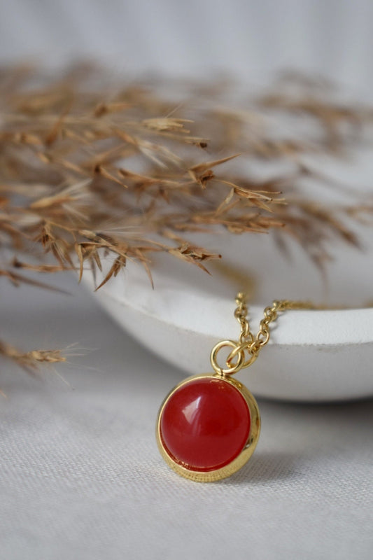 Red jade necklace 18k gold plated stainless steel, 10mm gemstone round pendant, Handmade jewelry, Best valentine's day gift