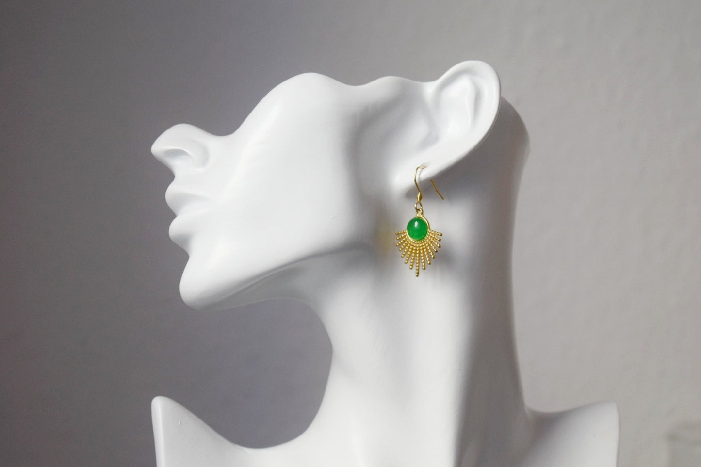 Green agate earrings, Sun rays dangling earrings, Sunburst, Green gemstone drop earrings, Celestial, Gold plated stainless steel jewelry