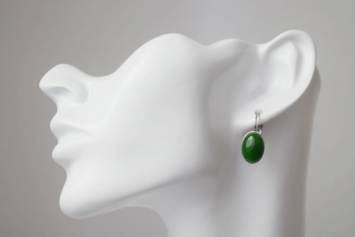 Green jade earrings, Gemstone oval dangle drop earrings, Dark Green, Stainless steel, Leverback, Birthday small jewelry gift for women