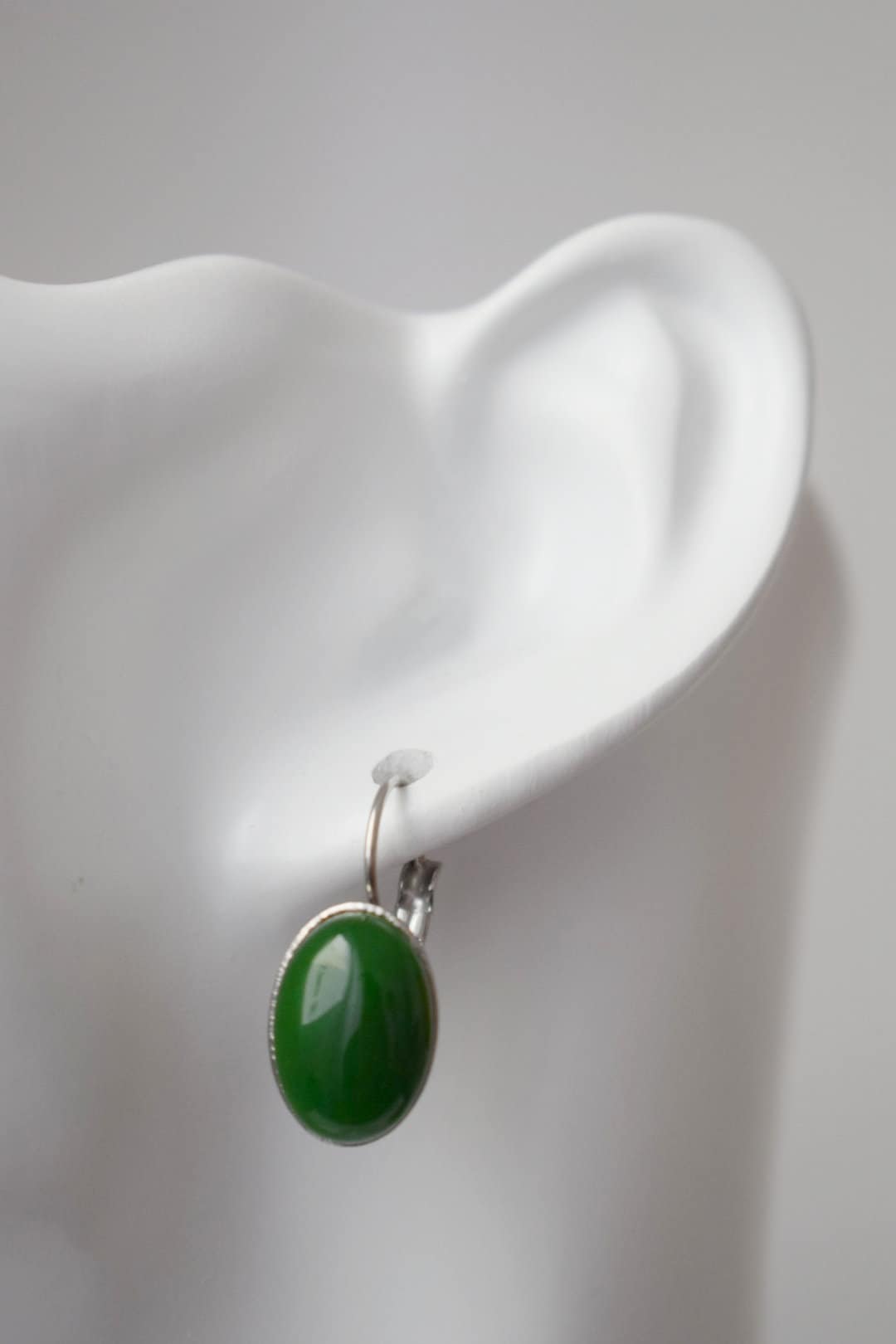 Green jade earrings, Gemstone oval dangle drop earrings, Dark Green, Stainless steel, Leverback, Birthday small jewelry gift for women