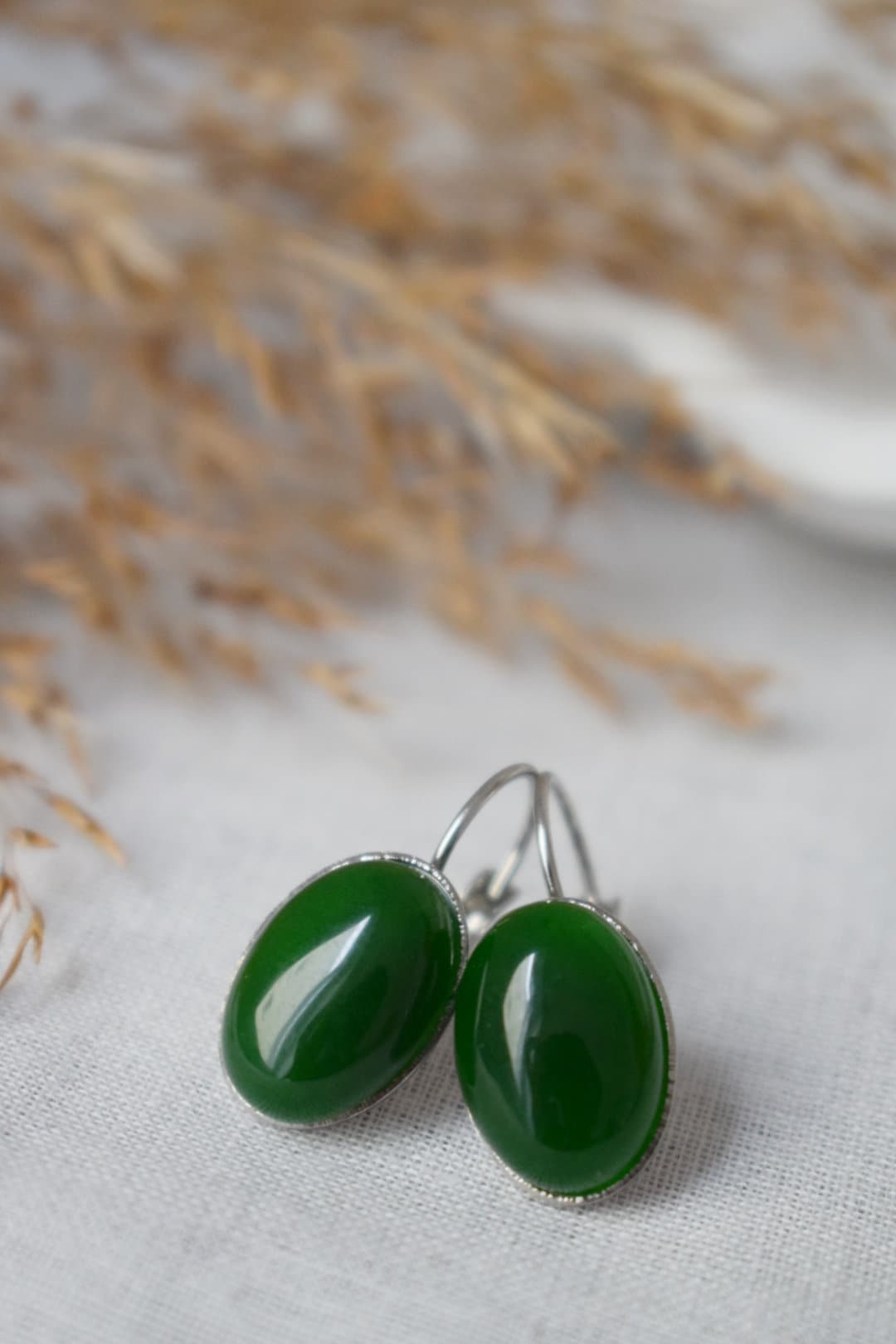 Green jade earrings, Gemstone oval dangle drop earrings, Dark Green, Stainless steel, Leverback, Birthday small jewelry gift for women