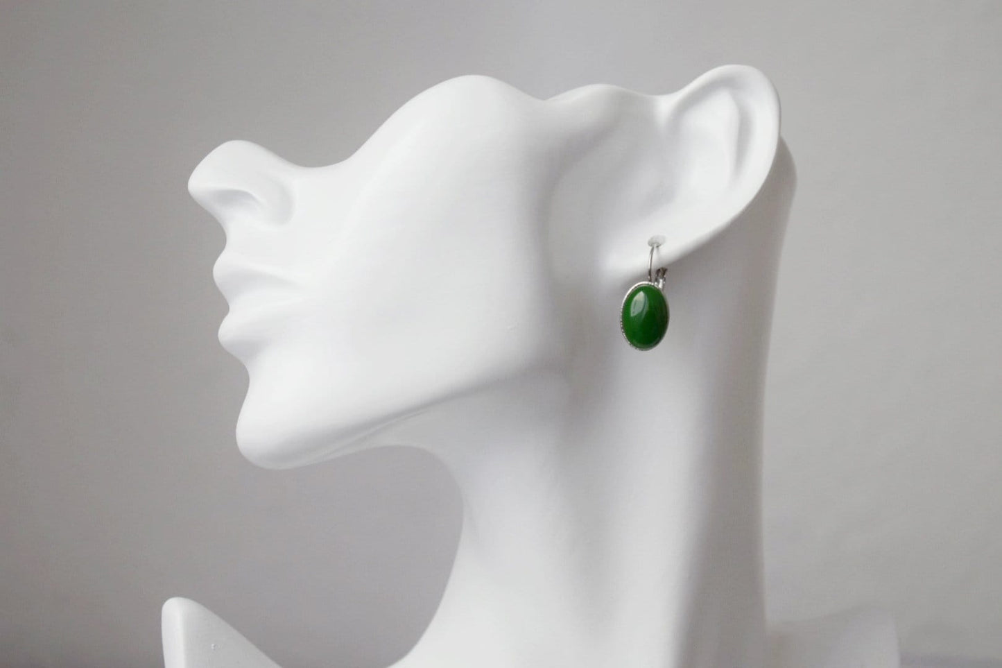Green jade earrings, Gemstone oval dangle drop earrings, Dark Green, Stainless steel, Leverback, Birthday small jewelry gift for women