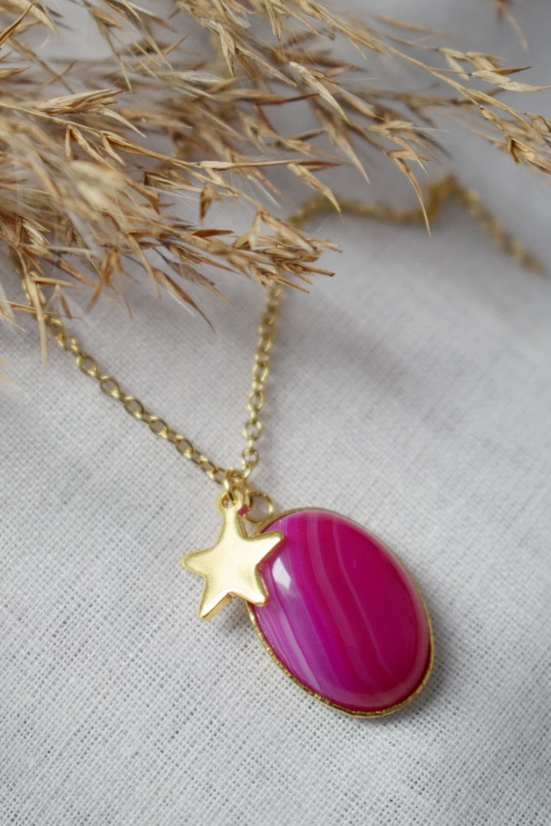 Necklace Banded pink agate, Gemstone necklace with star charm for women, Stone pendant, Boho jewelry, Unique Christmas gift for her