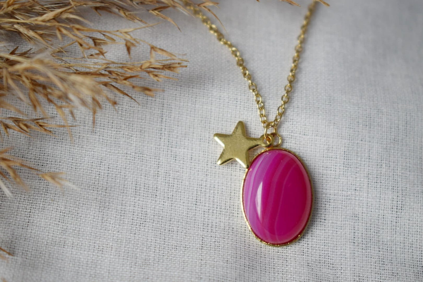 Necklace Banded pink agate, Gemstone necklace with star charm for women, Stone pendant, Boho jewelry, Unique Christmas gift for her