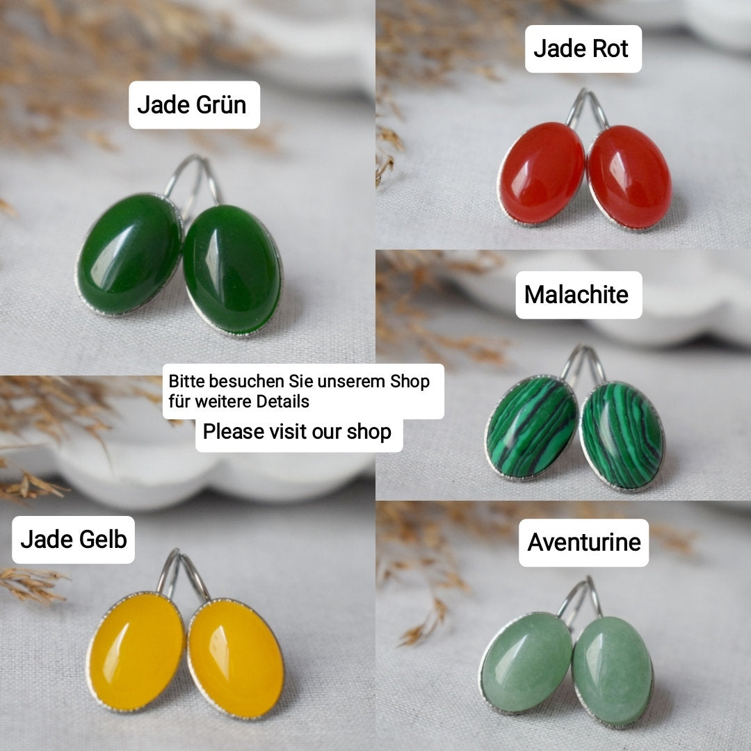 Green jade earrings, Gemstone oval dangle drop earrings, Dark Green, Stainless steel, Leverback, Birthday small jewelry gift for women