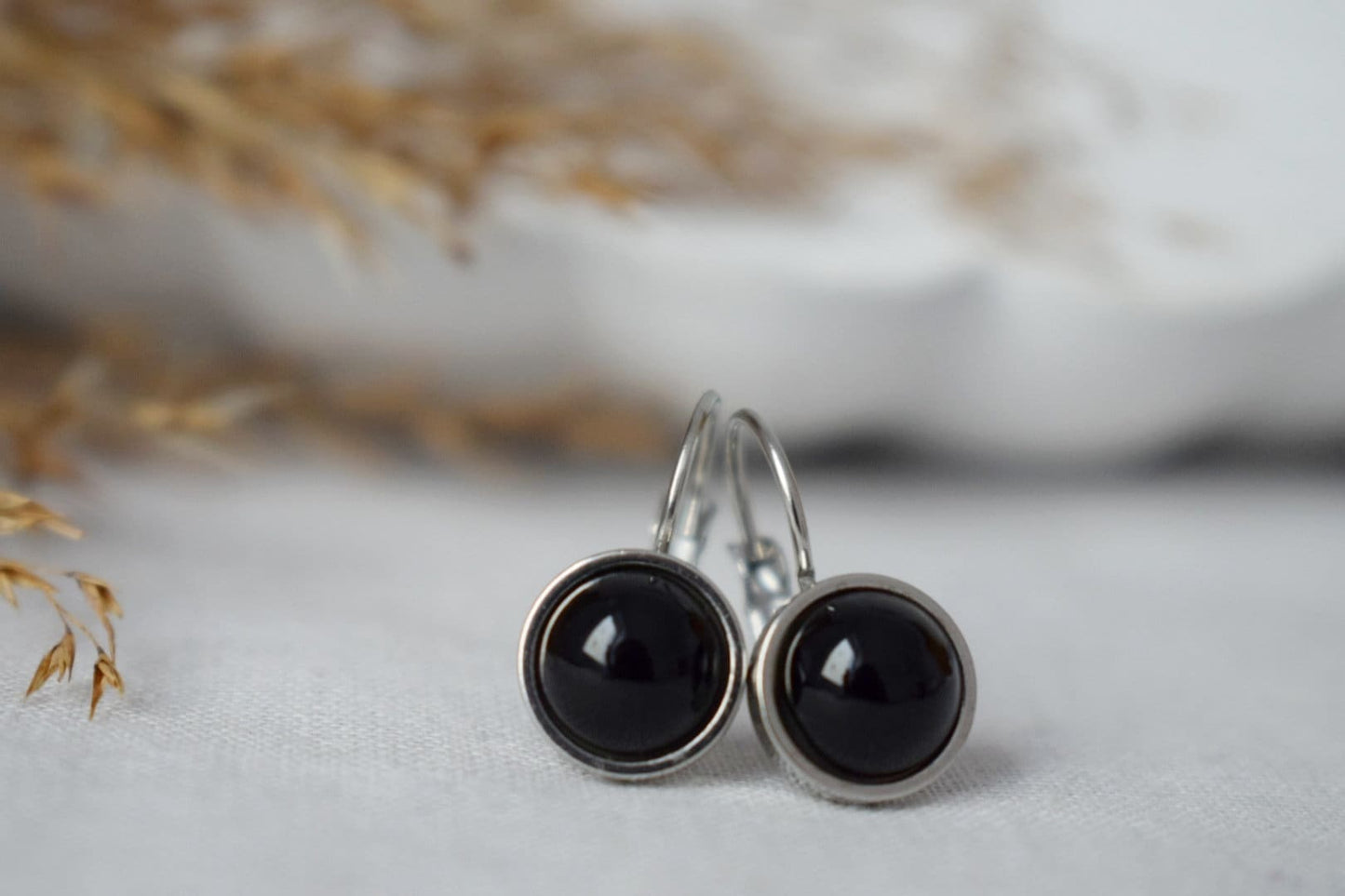 Black agate dangle earrings for women, Small gemstone earrings, Earrings 8mm, Lever back, Agate jewelry, Handmade jewelry gift for her